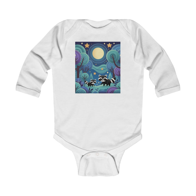 Enchanted Nighttime Raccoons Baby Long Sleeve Bodysuit – Whimsical Forest Night Sky Design