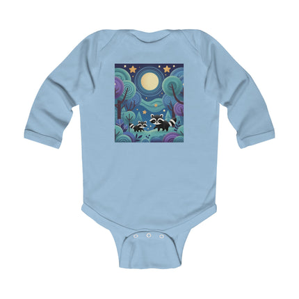 Enchanted Nighttime Raccoons Baby Long Sleeve Bodysuit – Whimsical Forest Night Sky Design