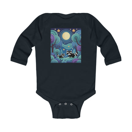 Enchanted Nighttime Raccoons Baby Long Sleeve Bodysuit – Whimsical Forest Night Sky Design