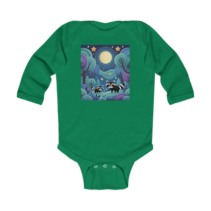 Enchanted Nighttime Raccoons Baby Long Sleeve Bodysuit – Whimsical Forest Night Sky Design