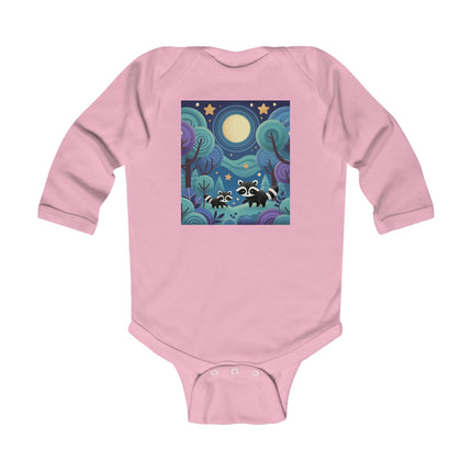 Enchanted Nighttime Raccoons Baby Long Sleeve Bodysuit – Whimsical Forest Night Sky Design