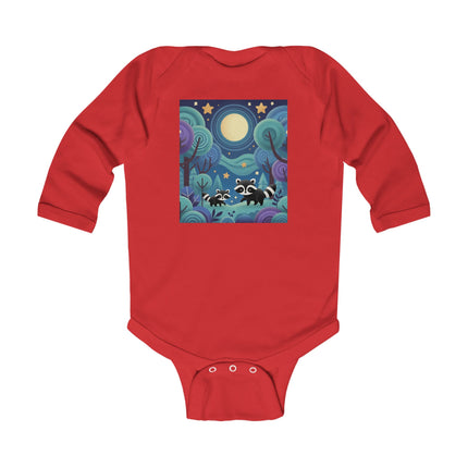 Enchanted Nighttime Raccoons Baby Long Sleeve Bodysuit – Whimsical Forest Night Sky Design