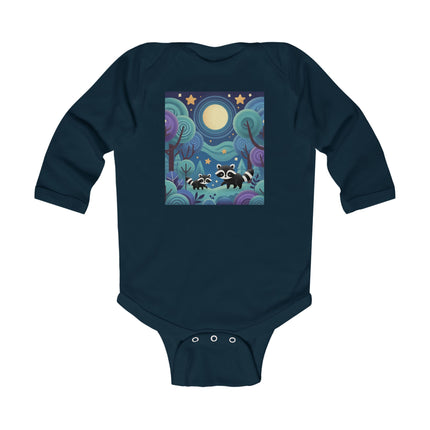 Enchanted Nighttime Raccoons Baby Long Sleeve Bodysuit – Whimsical Forest Night Sky Design