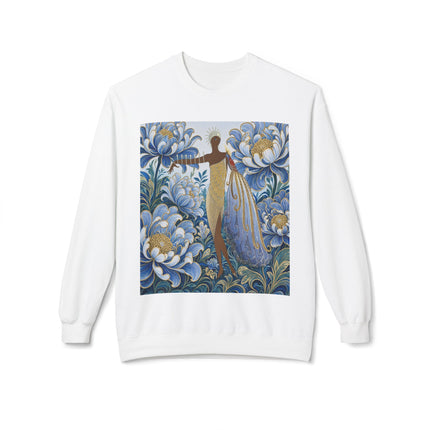 💙✨ The Lady Of The Gilded Blue Blossom Garden Midweight Crewneck Sweatshirt – Art Deco Floral Elegance