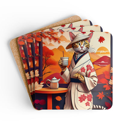 Bengal Cat at a Cozy Autumn Café Corkwood Coaster Set