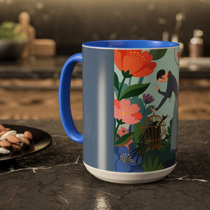 The Lady And The Mysterious Bird Colorful Mugs – Art Deco Botanical Mystery