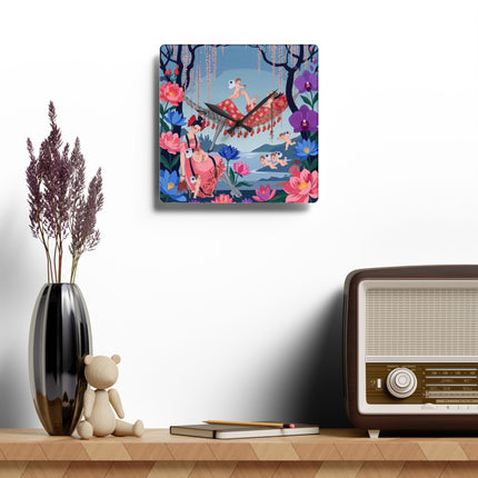 🌸🪽 The Garden Of Little Cupids Acrylic Wall Clock – Art Deco Floral Fantasy