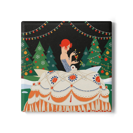 🎄✨ The Christmas Candlelight Belle Ceramic Coaster – Art Deco Holiday Fantasy