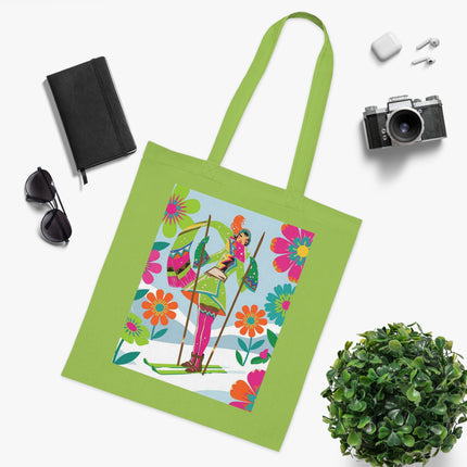 🎿🌸 The Winter Flower Adventurer Cotton Tote Bag – Colorful Skiing Fantasy