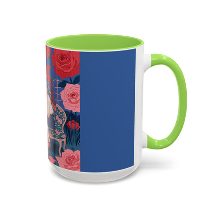 The Lady And The Scarlet Macaw Colorful Mugs – Art Deco Floral Elegance