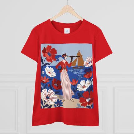 ⚓🌺 The Seaside Flower Adventurer Cotton Tee – Art Deco Nautical Fashion