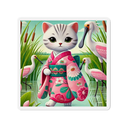 Geisha Kitten Strolls Among the Spoonbills Die-Cut Magnets (5 Sizes)