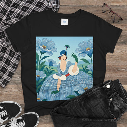 💙🌼 The Blue Blossom Garden Belle Cotton Tee – Art Deco Floral Whimsy