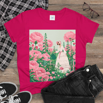🌸💧 The Rose Garden Watering Cotton Tee – Art Deco Floral Whimsy