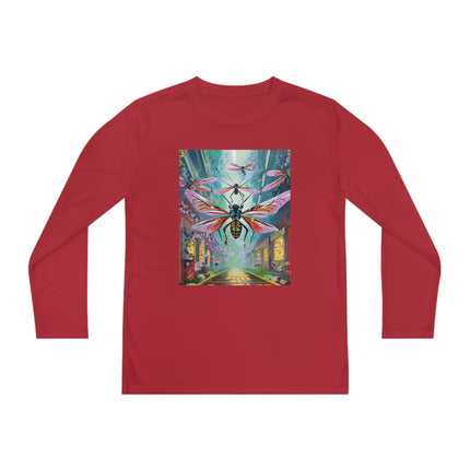 Neon Swarm Youth Long Sleeve Competitor Tee – Cyberpunk Flight & Futuristic Energy