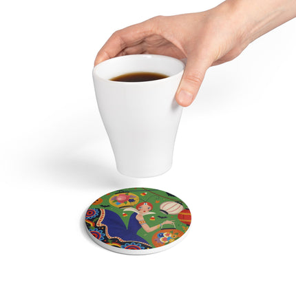 🏮🎃 The Lady Of Halloween Lanterns Ceramic Coaster – Colorful Art Deco Halloween Charm