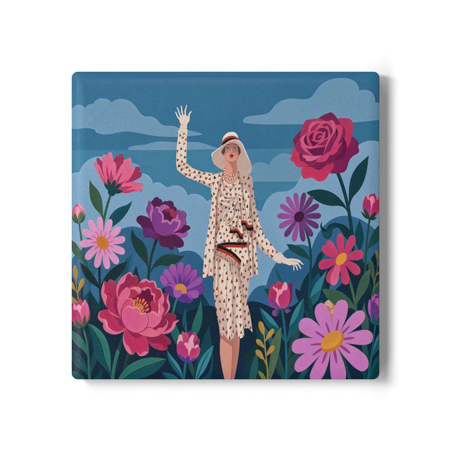 🌺👒 The Grand Flower Promenade Ceramic Coaster – Art Deco Fashion Illustration