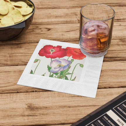 Poppies by Tanigami Kônan White Coined Napkins – Bold Blooms & Japanese Woodblock Elegance