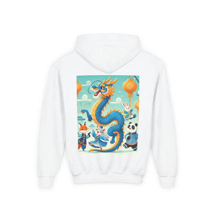 Blue & Gold Dragon Festival Parade Youth Hooded Sweatshirt – Joyful Celebration & Cultural Magic