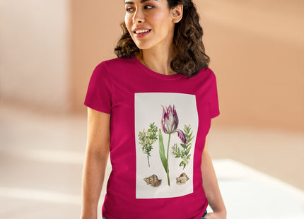 Tulip flower with Two Branches of Myrtle and Shells Cotton Tee