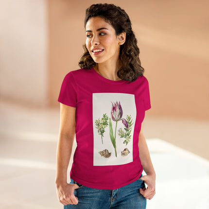 Tulip flower with Two Branches of Myrtle and Shells Cotton Tee