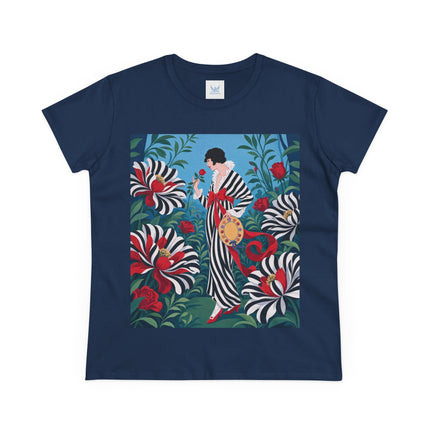 ❤️🌹 The Scarlet Striped Garden Cotton Tee – Art Deco Fashion Illustration