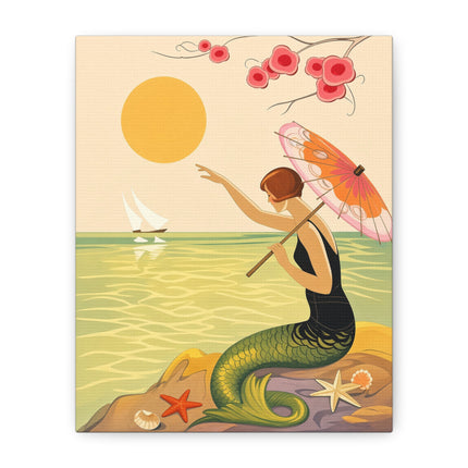 🧜‍♀️☂️ The Mermaid With The Parasol Matte Canvas – Art Deco Seaside Fantasy