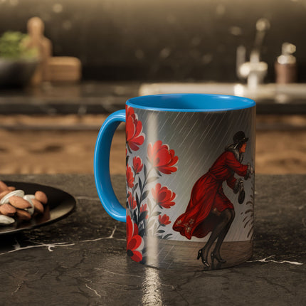☔🌹 The Scarlet Rainstorm Promenade Colorful Mug – Art Deco Motoring Elegance