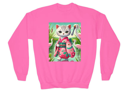 Geisha Kitten Strolls Among the Spoonbills Youth Crewneck Sweatshirt