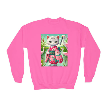 Geisha Kitten Strolls Among the Spoonbills Youth Crewneck Sweatshirt – Grace, Nature & Whimsical Elegance