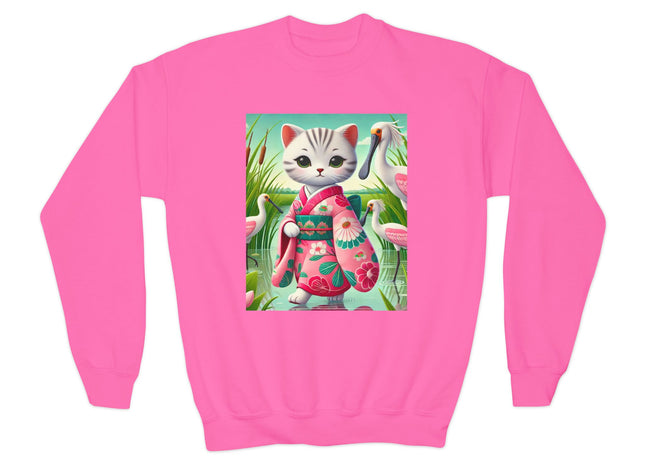 Geisha Kitten Strolls Among the Spoonbills Youth Crewneck Sweatshirt