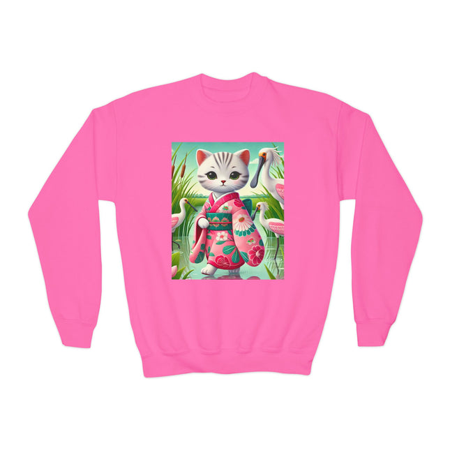 Geisha Kitten Strolls Among the Spoonbills Youth Crewneck Sweatshirt – Grace, Nature & Whimsical Elegance