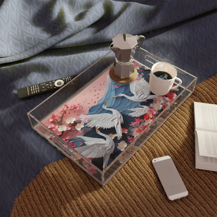 Graceful Cranes and Cherry Blossoms Acrylic Serving Tray