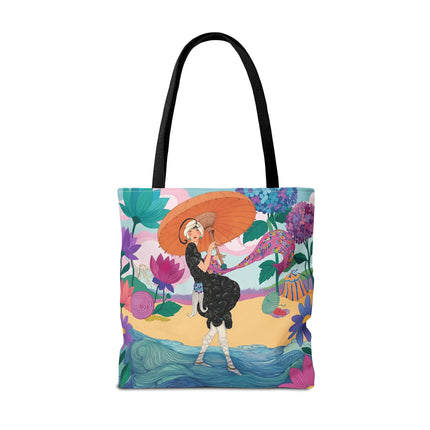 ☂️🌺 The Lady Of The Seaside Parasol Tote Bag – Art Deco Floral Fashion