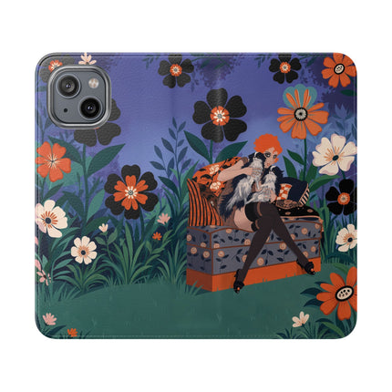 🌺🐈 The Lady Of The Midnight Garden Cat Flip Case – Art Deco Floral Fantasy