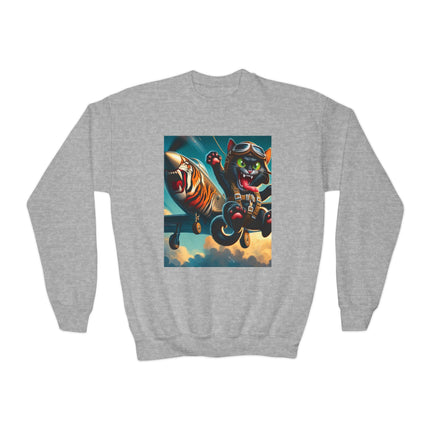 Parachuting Cat Commando Youth Crewneck Sweatshirt – High-Flying Adventure & Bold Fun