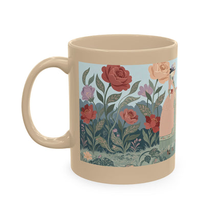 🐈🥾 The Lady & Puss In Boots In The Flower Garden Ceramic Mug – Art Deco Storybook Whimsy