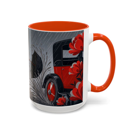 ☔🌹 The Scarlet Rainstorm Promenade Colorful Mug – Art Deco Motoring Elegance