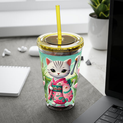 Geisha Kitten Strolls Among the Spoonbills Sunsplash Tumbler with Straw, 16oz