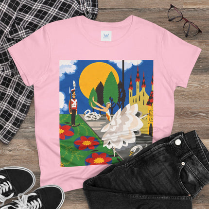 🦢🏰 The Enchanted Swan Ballet Cotton Tee – Art Deco Fairytale Whimsy