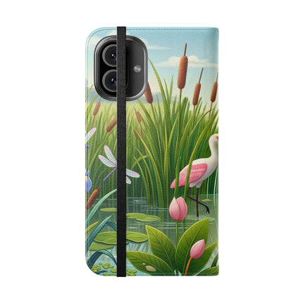 🦩🌸 Geisha Kitten Strolls Among the Spoonbills Flip Case – Serene Grace & Marshland Wonder