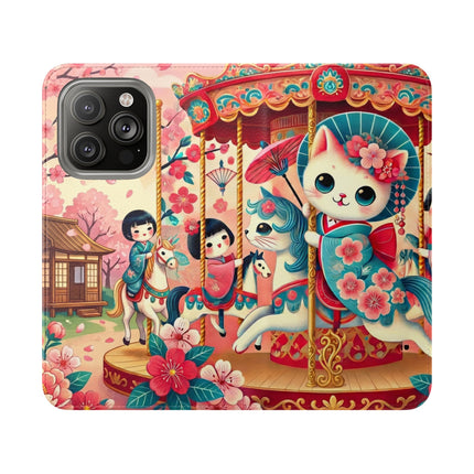 🎠🌸 Geisha Kitten's Enchanted Carousel Flip Case – Whimsical Dreams & Cherry Blossom Magic