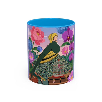 The Lady And The Crimson Birdcage Colorful Mugs – Art Deco Tropical Garden Elegance