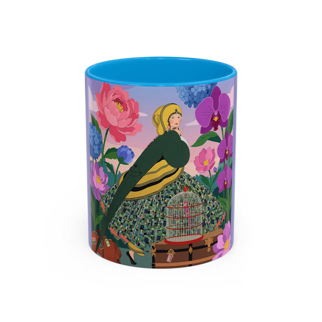 The Lady And The Crimson Birdcage Colorful Mugs – Art Deco Tropical Garden Elegance