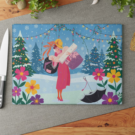 🎁🎄 The Christmas Gift Garden Glass Cutting Board – Whimsical Holiday Fantasy