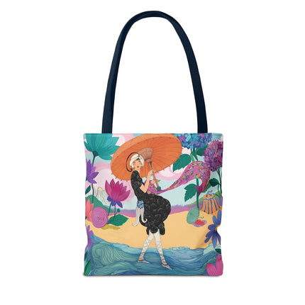 ☂️🌺 The Lady Of The Seaside Parasol Tote Bag – Art Deco Floral Fashion
