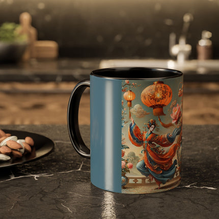 Golden Dragon & Lantern Lady Colorful Mug – Imperial Dragon & Elegant Harmony