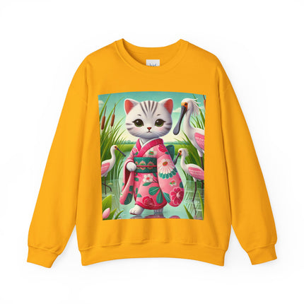 Geisha Kitten Strolls Among the Spoonbills  Unisex Heavy Blend™ Crewneck Sweatshirt