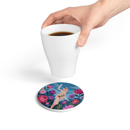 🌺👒 The Grand Flower Promenade Ceramic Coaster – Art Deco Fashion Illustration