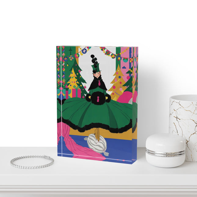 🎄🎁 The Emerald Christmas Belle Acrylic Art Block – Colorful Holiday Fashion Fantasy